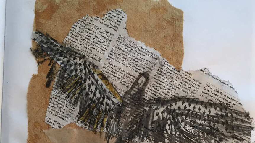 An artwork depicting a bird on newspaper text