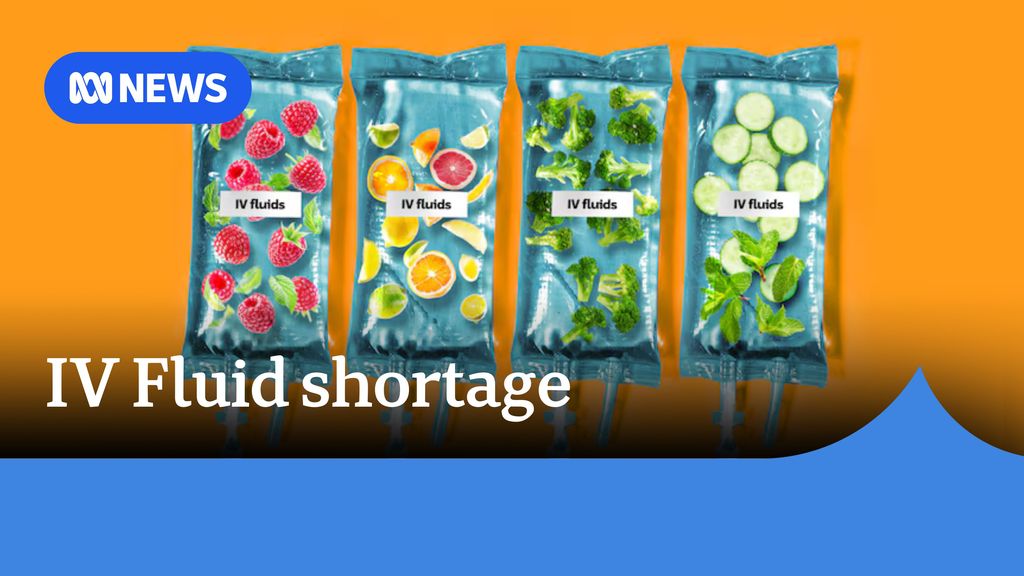 IV Fluid Shortage: A graphic drawing of four IV fluid bags with different foods on them.