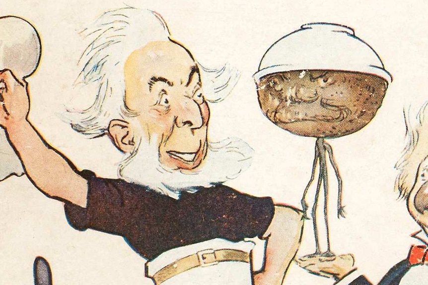 A man with a white bear looks at a man-shapped pudding with a bowl on its head