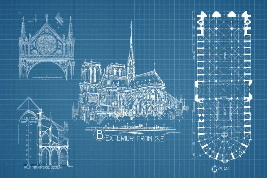 A selection of blueprints for the original Notre Dame's design.