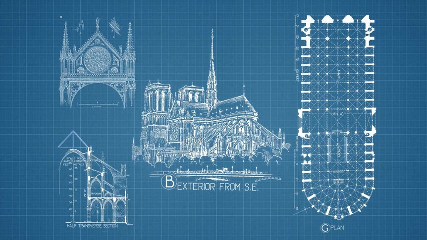 A selection of blueprints for the original Notre Dame's design.