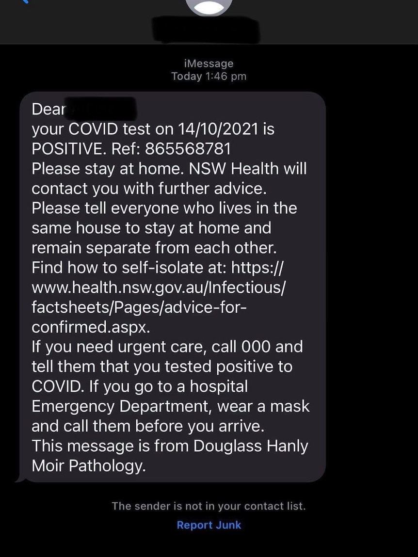 screen shot of text message that says person is covid-positive