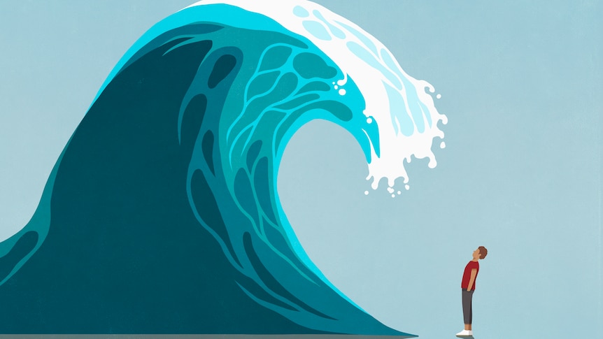 Illustration of a person looking up at a giant wave about to crash above them 