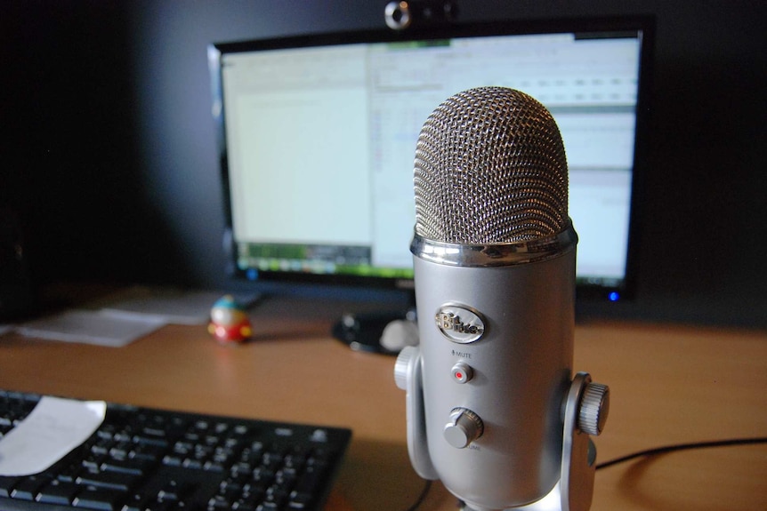 The microphone Lee Bullock uses to dictate his voice to the computer sitting on his desk..jpg