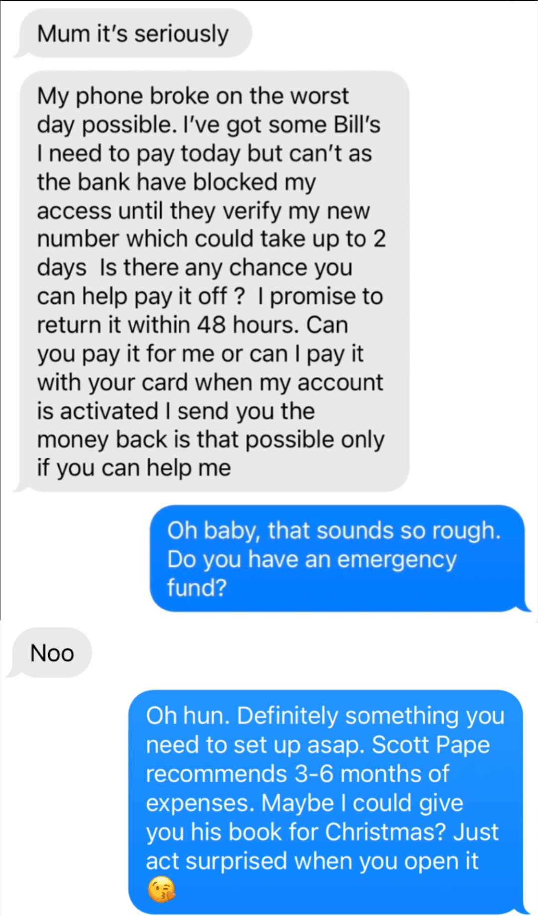 A screenshot of a message exchange between two people, one of which is a scammer.