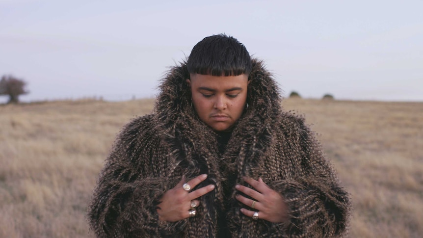 Mojo Juju stands in a fur coat in the middle of a brown paddock