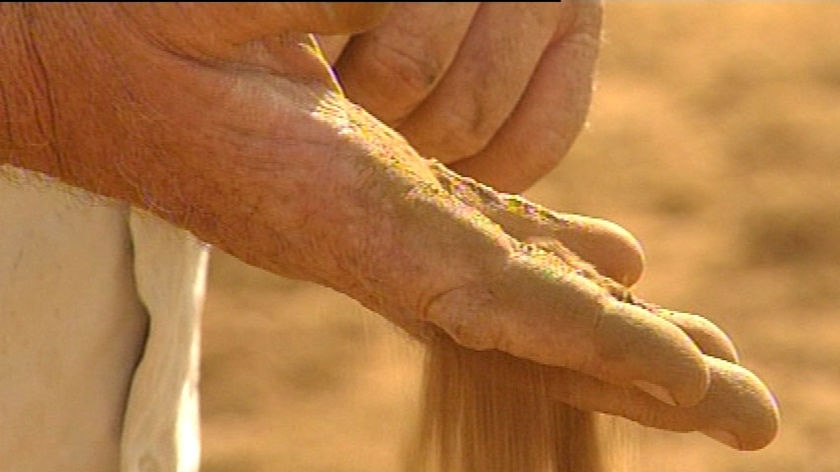 Soil running through farmers fingers