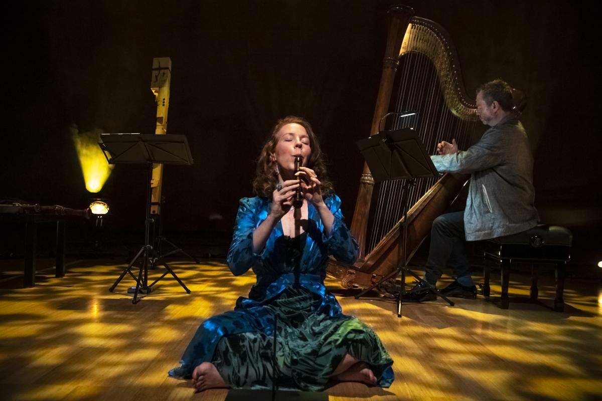 A woman in a blue dress sits cross-legged on the floor playing recorder. Behind her a man in a grey suit sits playing the harp.