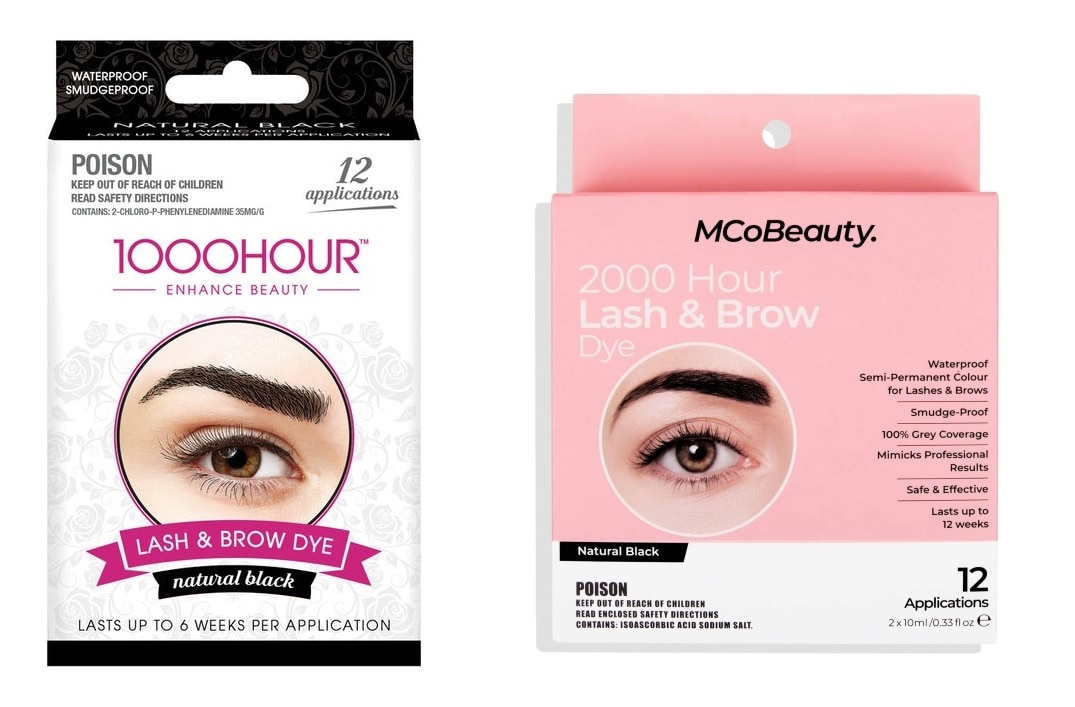 Two eyelash and brow dye kits. One has black accents that says 1000Hour, the other has pink accents that says 2000Hour.
