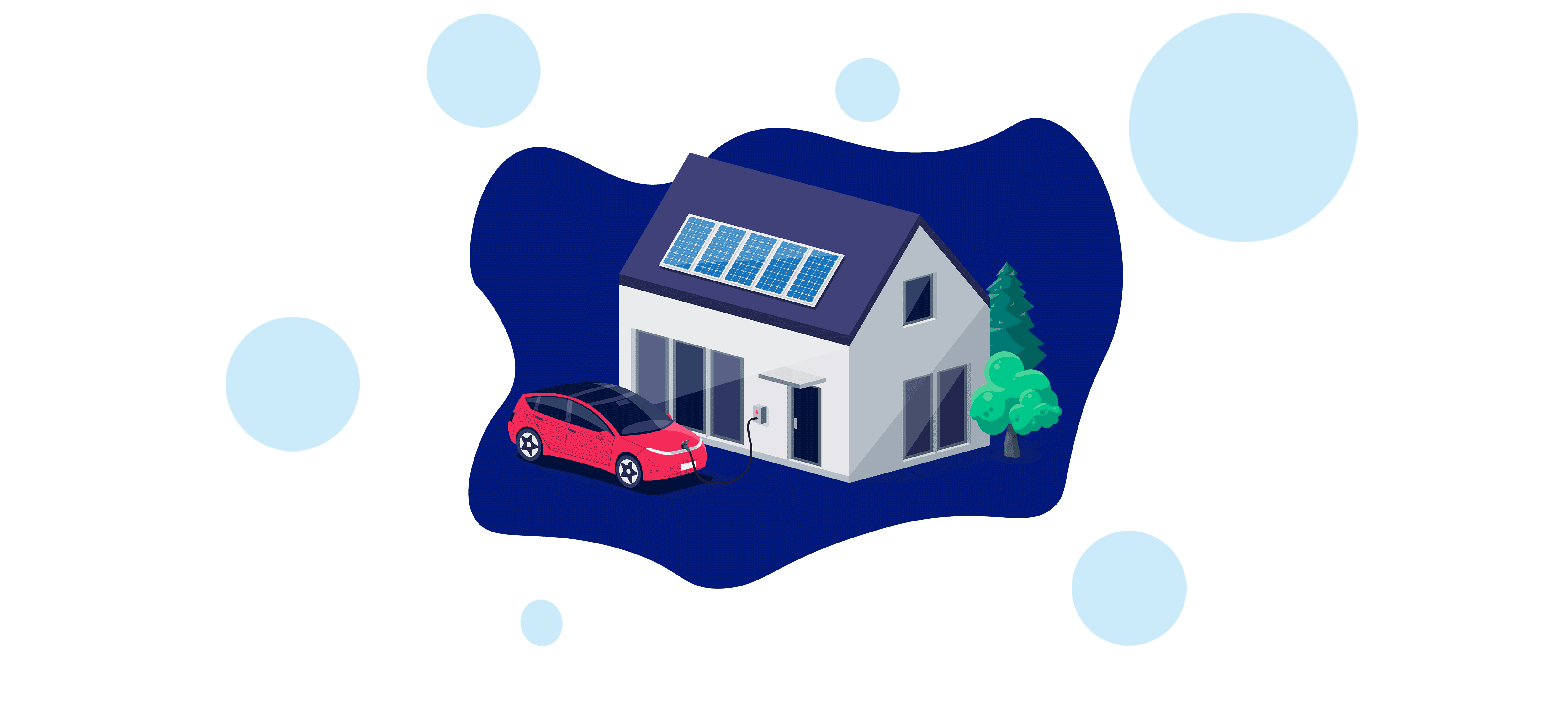 An illustration of an electric car charged with rooftop solar. The car is parked next to the house.