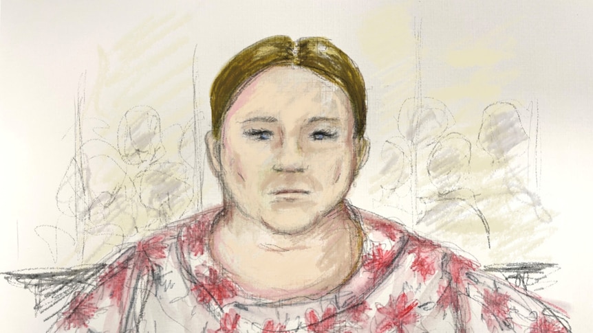 Sketch of Kerri-Ann Conley in court for hearing after pleading guilty to manslaughter of daughters, woman looking straight ahead