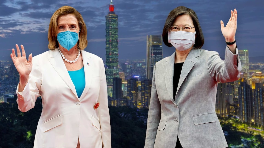 Collage of Nancy Pelosi and Tsai Ing-wen smiling for an official photo. Taipei Skyline at dusk in the background.