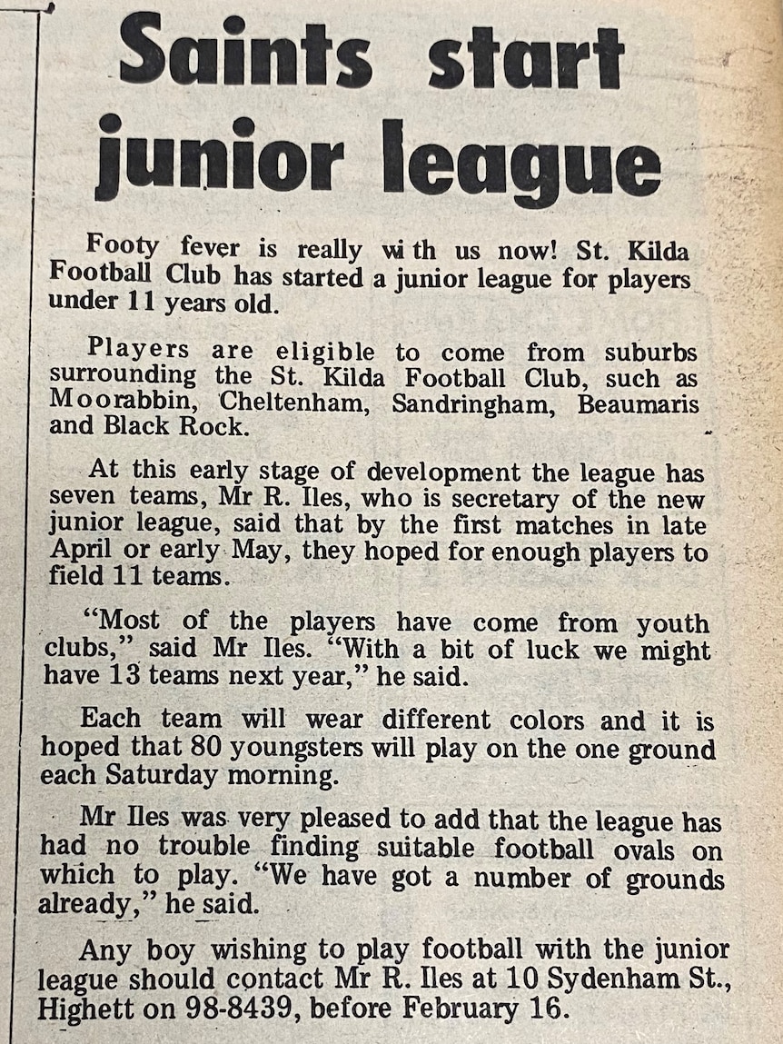 A newspaper clipping of an article titled 'Saints start junior league'.
