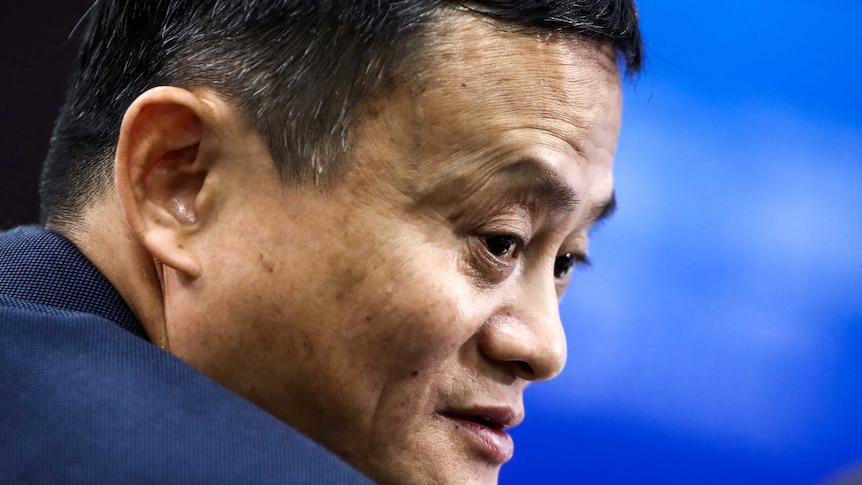 A close-up of Alibaba Group co-founder and executive chairman Jack Ma's face.