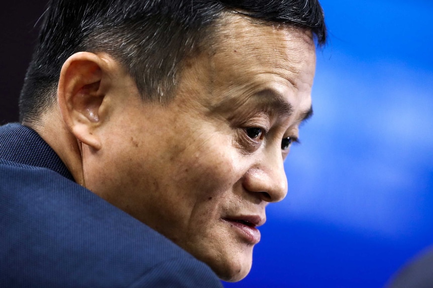 A close-up of Alibaba Group co-founder and executive chairman Jack Ma's face.