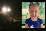 A headshot of a little girl superimposed onto an image of a camp site at night time