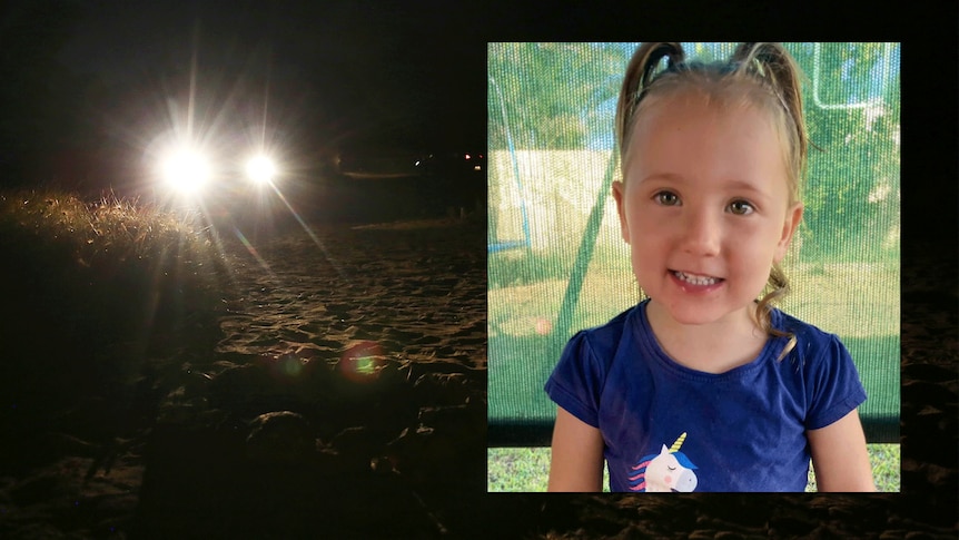 A headshot of a little girl superimposed onto an image of a camp site at night time