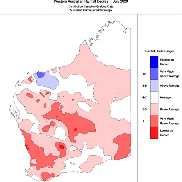 A graph showing Western Australian rainfall deciles for July 2020.