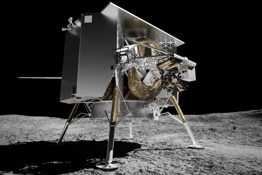 A silver, white and gold lunar lander with four metal legs sits on a rocky grey surface against a black sky.