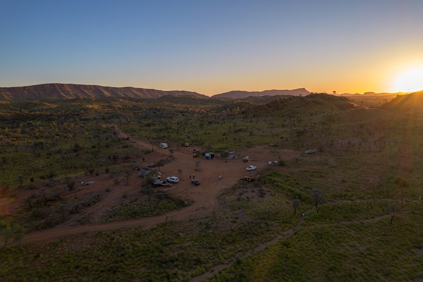 A drone shot from above of an outback property.