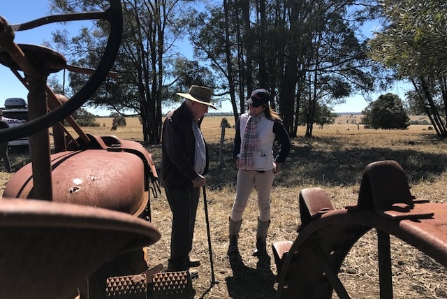 Pip talking to Max while standing in paddock behind rusted old tractor.