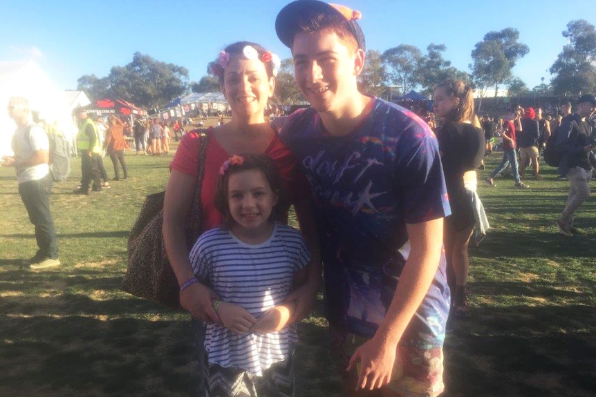 Joana Perkins, her son Sam and daughter Ema at Groovin the Moo in Canberra.