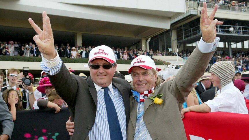 Lee Freedman and Tony Santic celebrate Melbourne Cup win