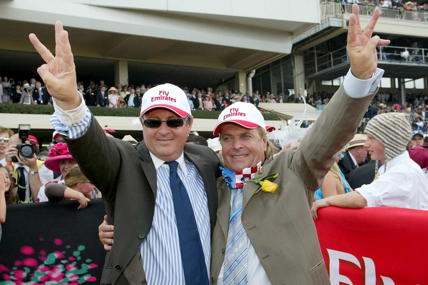 Lee Freedman and Tony Santic celebrate Melbourne Cup win