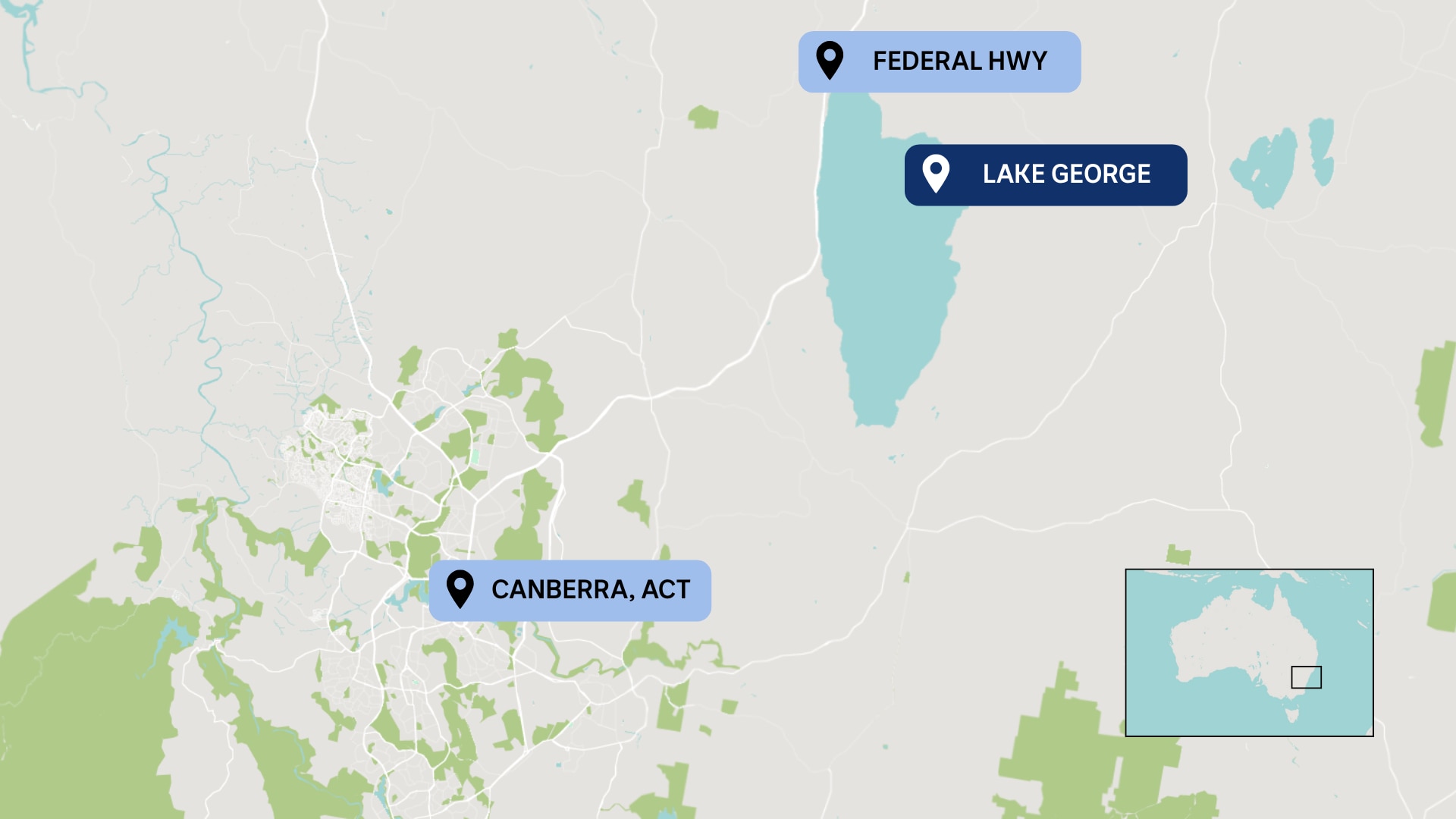 Um mapa do Lago George e sua proximidade com Canberra.