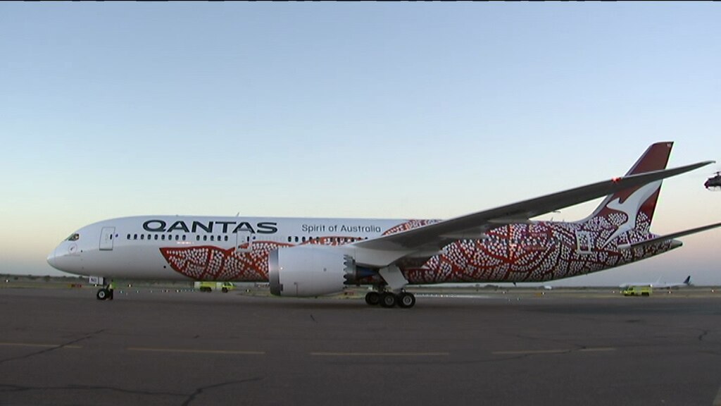 A jumbo jet with artwork on its side rests on the tarmac.