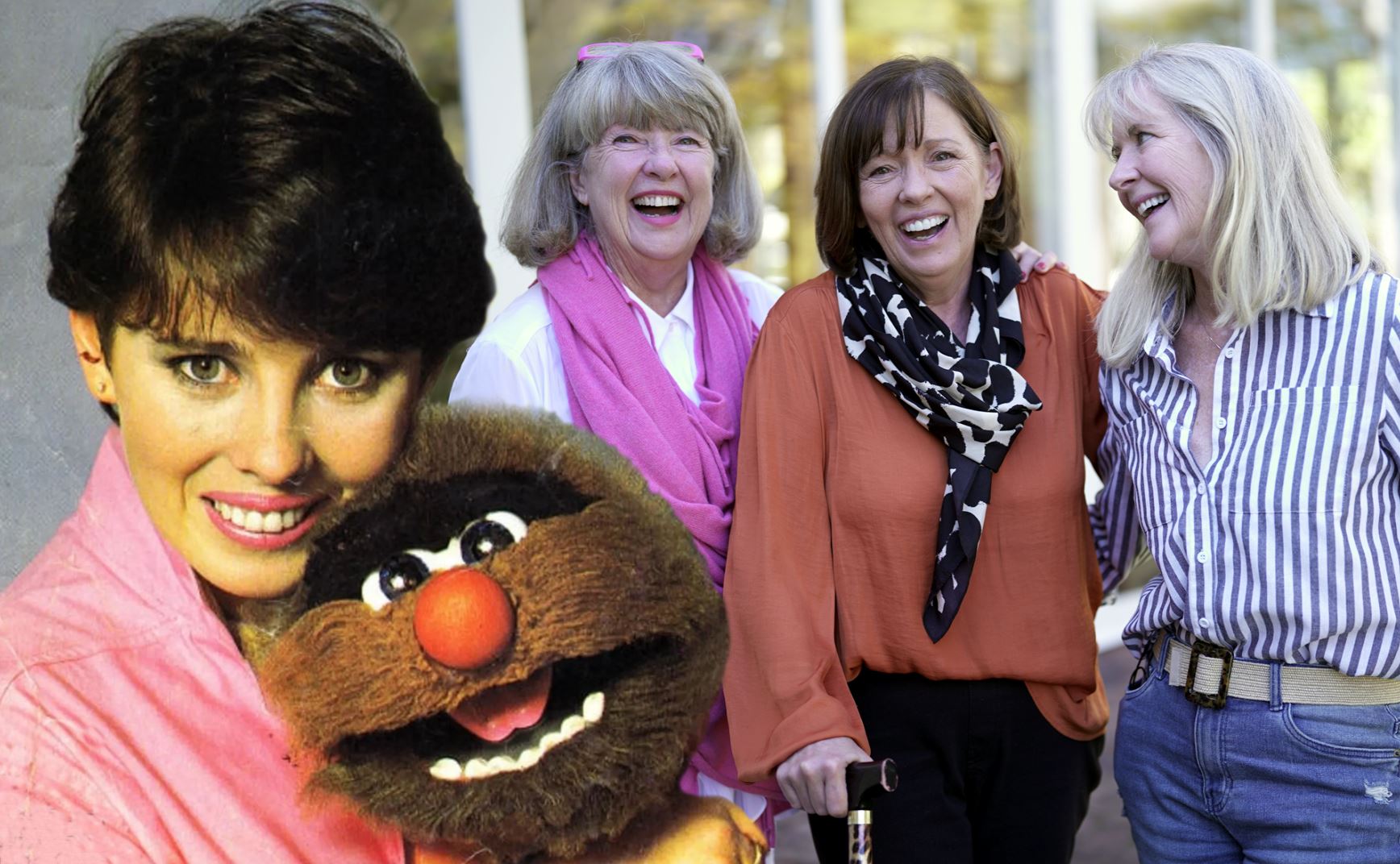 A two-image compilation of three women standing together and laughing, with a young woman hugging a humanoid puppet.