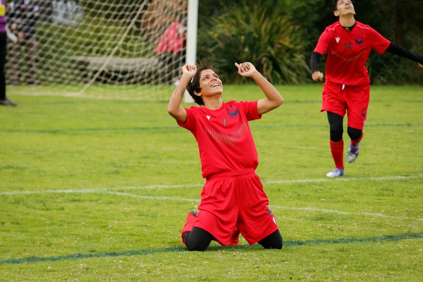 Afghanistan National Women's Team Nilab celebrates after scoring a goal