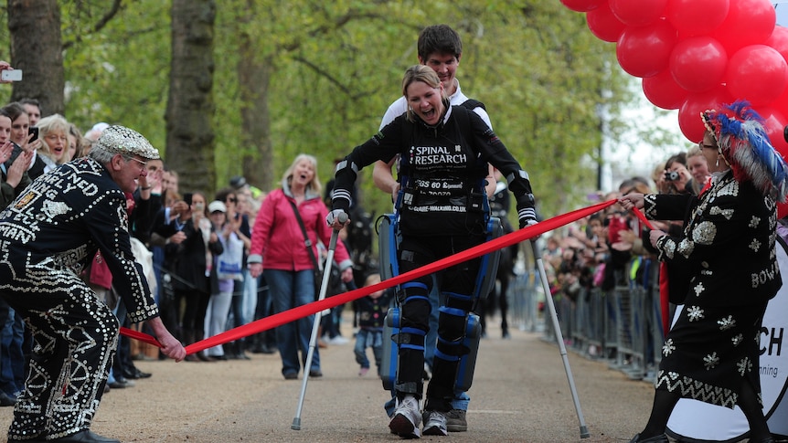 Woman completes marathon in bionic suit