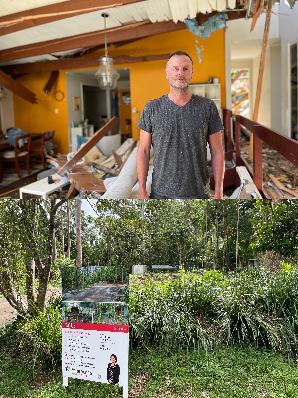 A composite image of a man standing in front of a storm-damaged house and an image of land for sale.