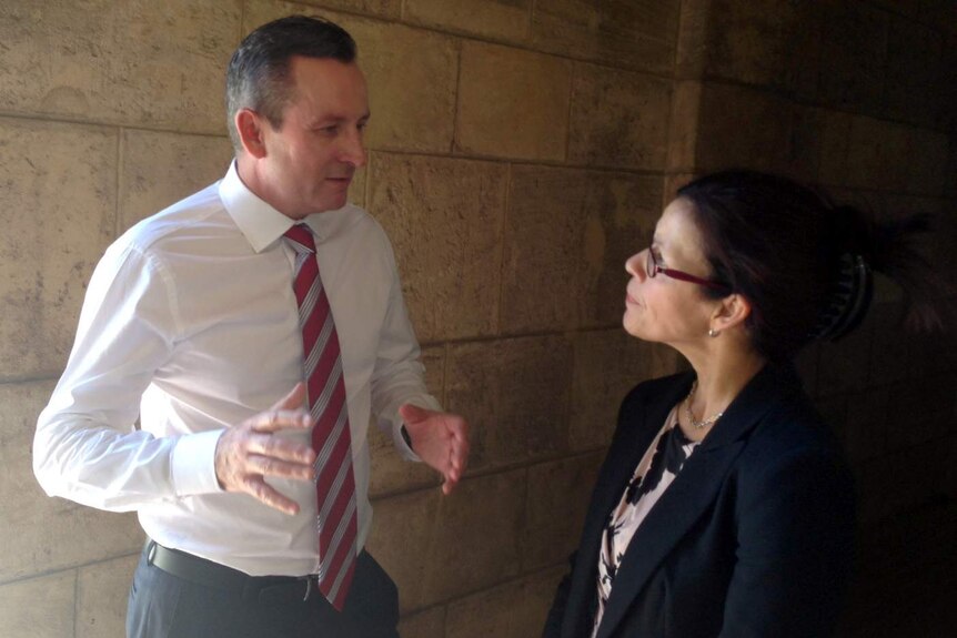 Labor Leader Mark McGowan speaks with UWA's Vice Chancellor Dawn Freshwater.