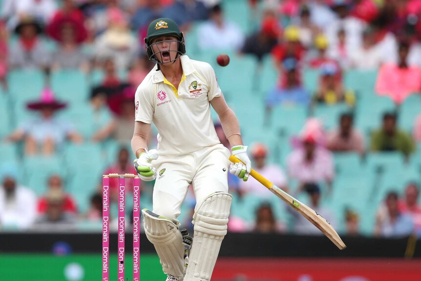 Australia batsman Marnus Labuschagne yells while looking at the ball during his innings in the SCG Test against India.