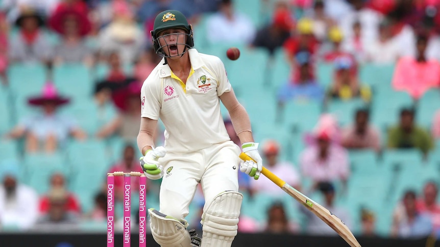Australia batsman Marnus Labuschagne yells while looking at the ball during his innings in the SCG Test against India.