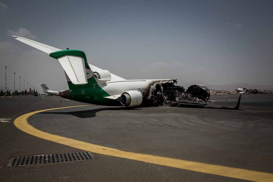 A new plane sits destroyed at Sana’a Airport.