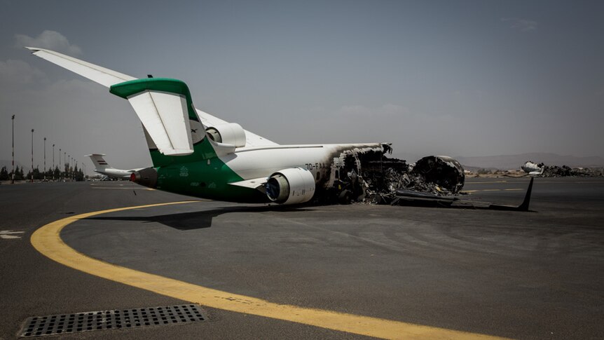 A new plane sits destroyed at Sana’a Airport.