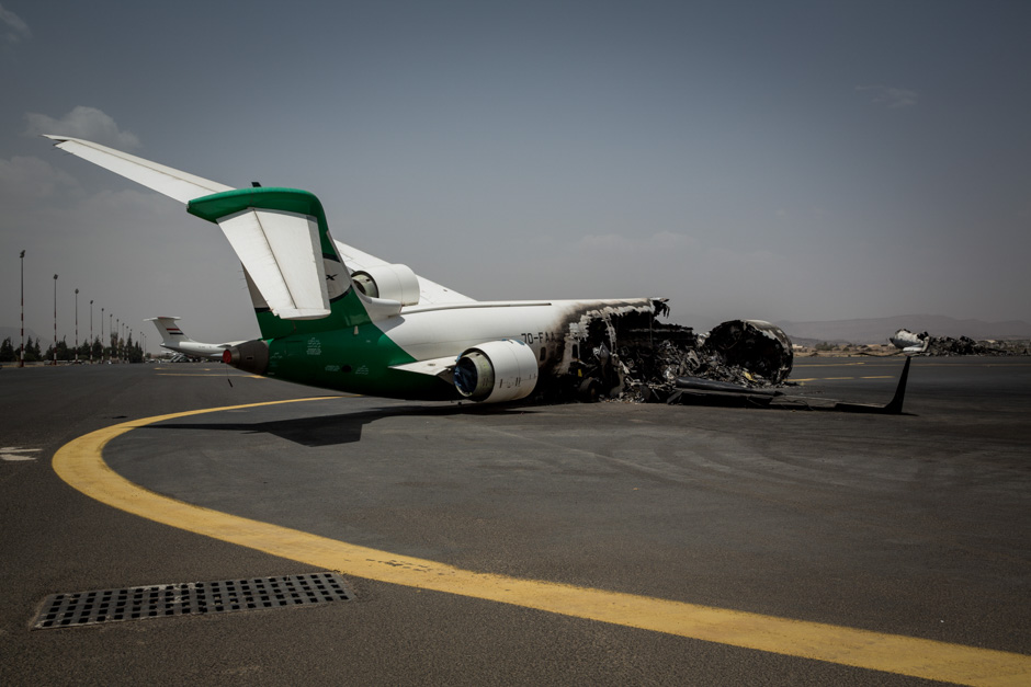 A new plane sits destroyed at Sana’a Airport.