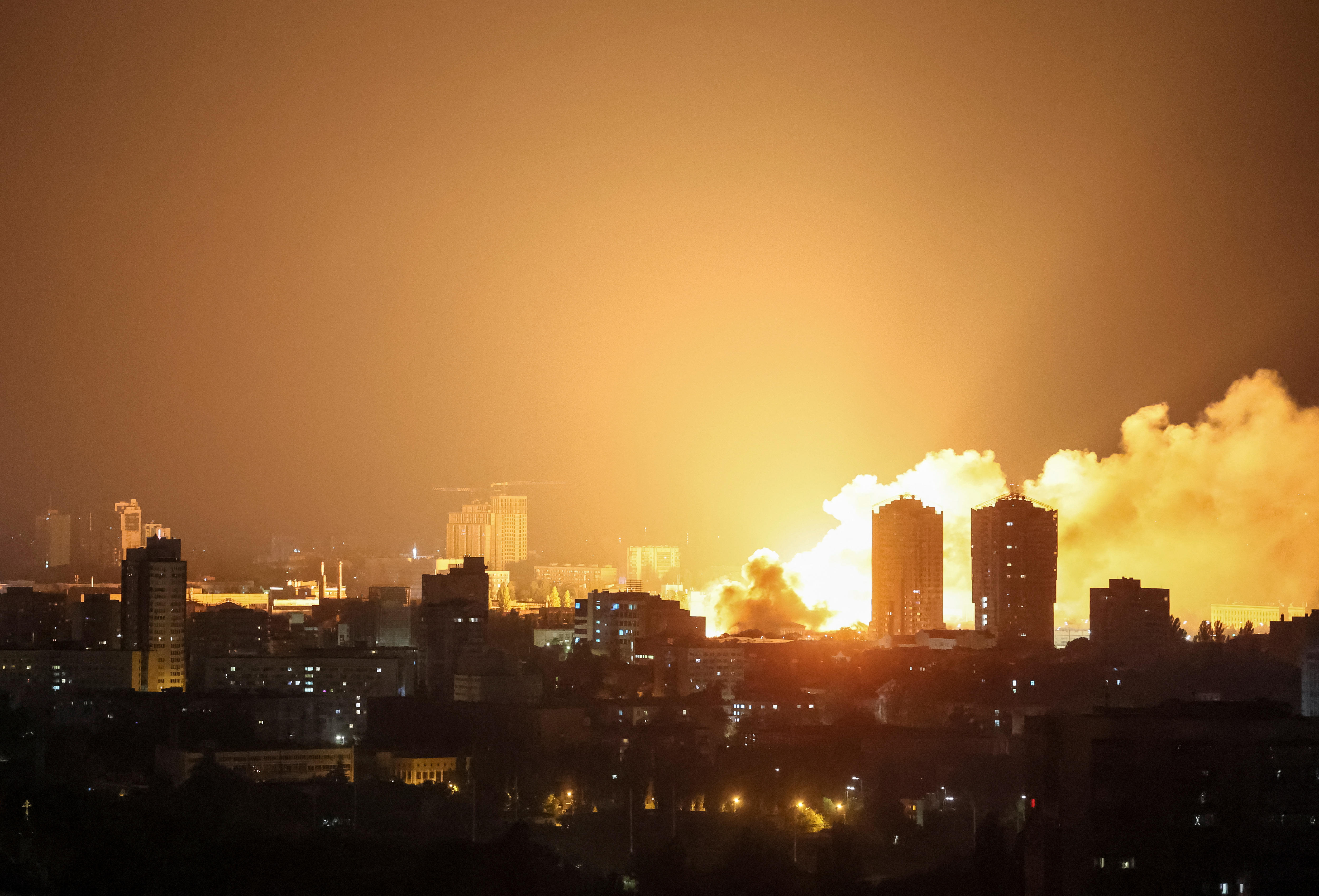 Fire and smoke rise in the city after drone strike in Kyiv