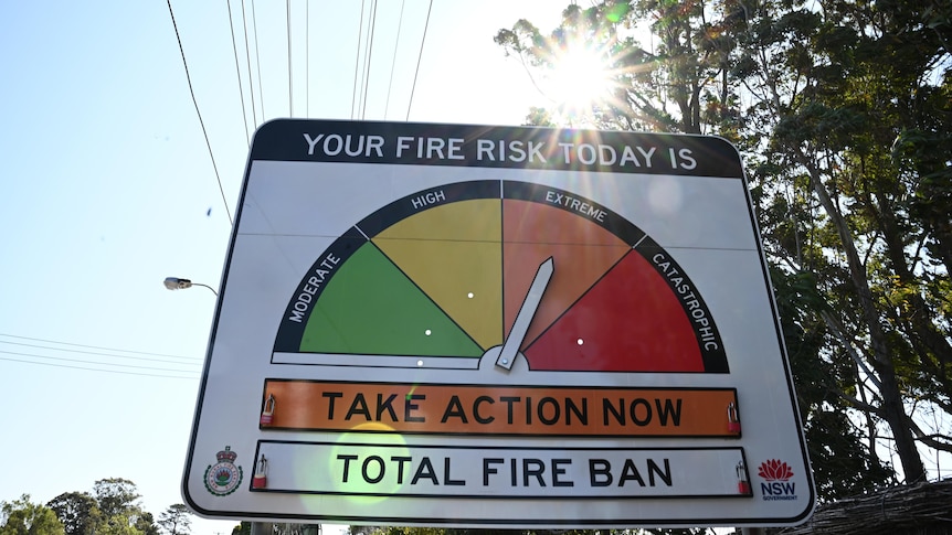 Coloured bushfire advisory sign points to extreme wedge