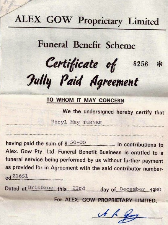 Beryl May Turner was presented with a certificate stating she was entitled to a funeral service "without further payment".