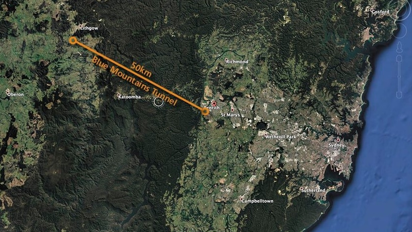 A map showing the potential route of a tunnel through the Blue mountains.