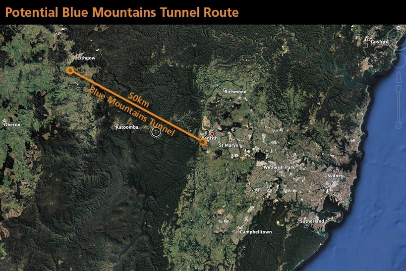 A map showing the potential route of a tunnel through the Blue mountains.