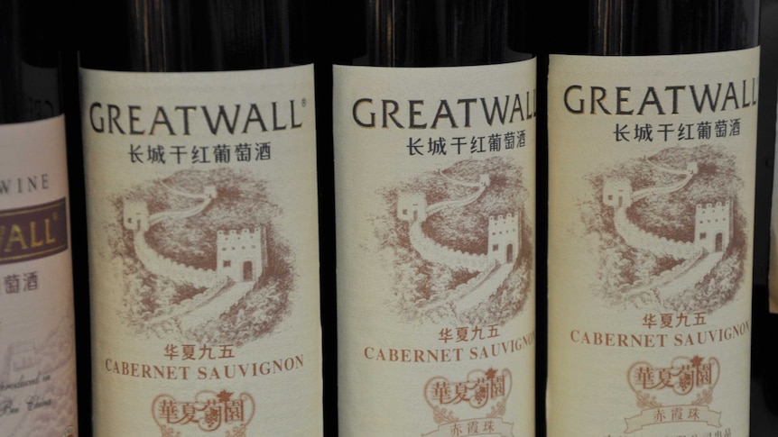 Bottles of cabernet sauvignon wine labelled Greatwall with Chinese characters underneath.