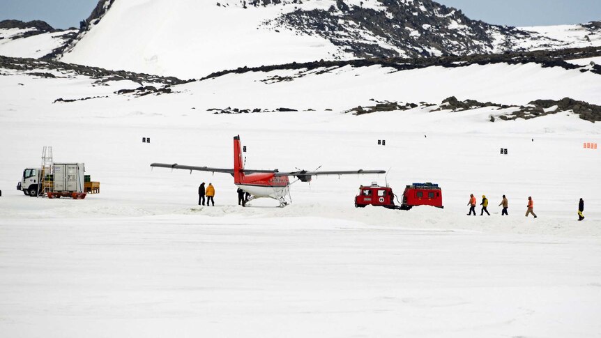 A twin otter plane sits on the snow at Australia's Davis research station in Antarctica.