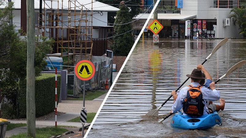 A composite image of a street in Rosalie during and after the floods.