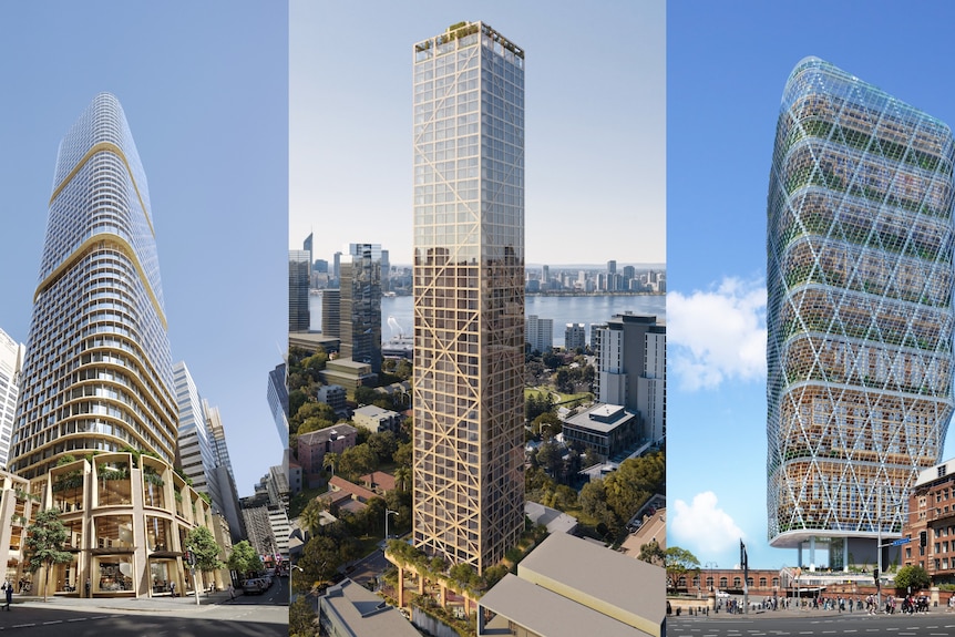 A composite image showing three ultra-modern skyscrapers constructed partially from wood.