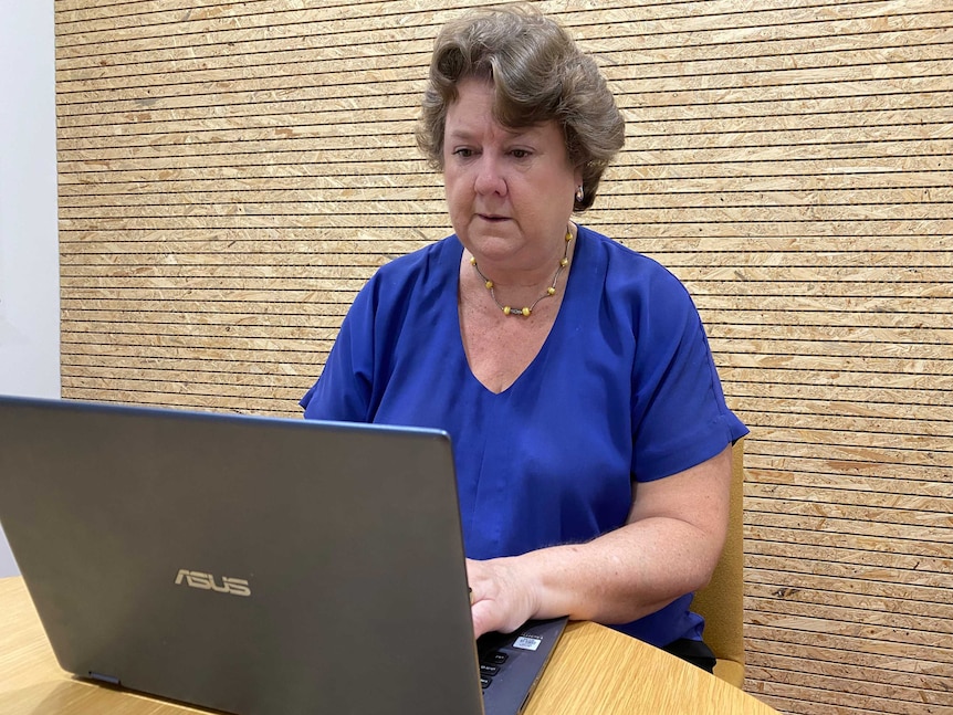 Woman sits at a computer in an office.